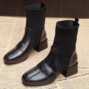 New women's boots square sleeve ankle boots fly woven heel boots